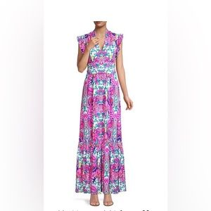 Lilly Pulitzer Adriann Floral Flutter-Sleeve Maxi Dress; size large